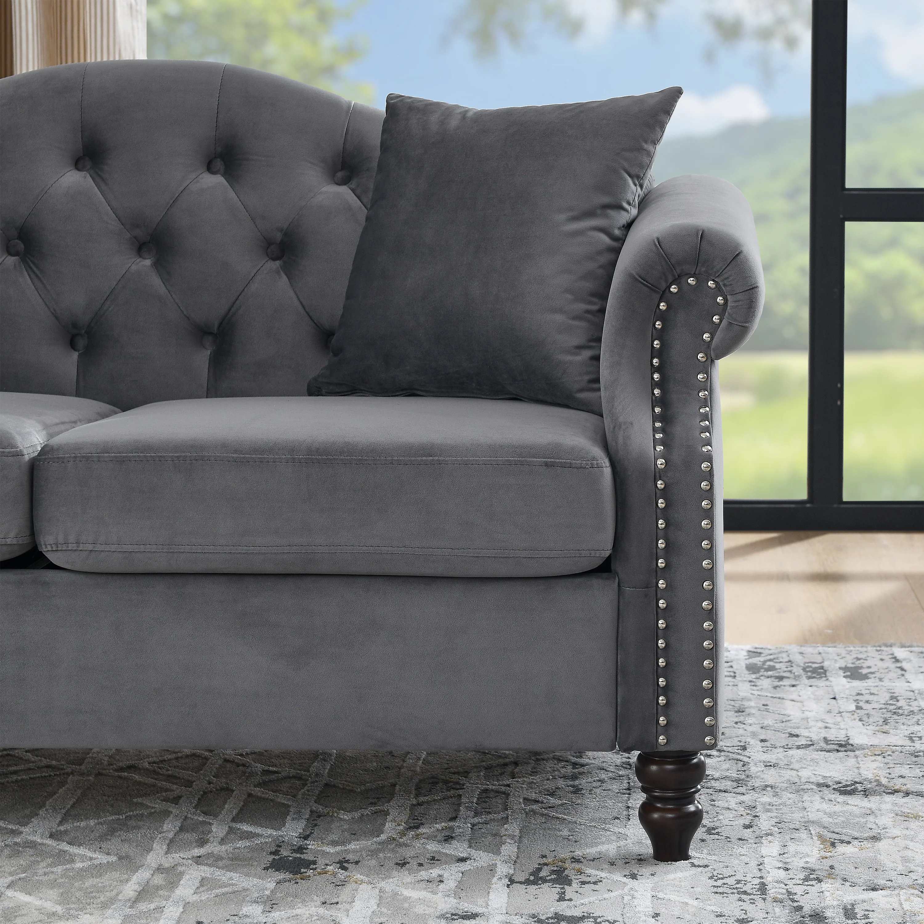 Nailhead Velvet Pitched Back Chesterfield 3-Seater Sofa - Image 48