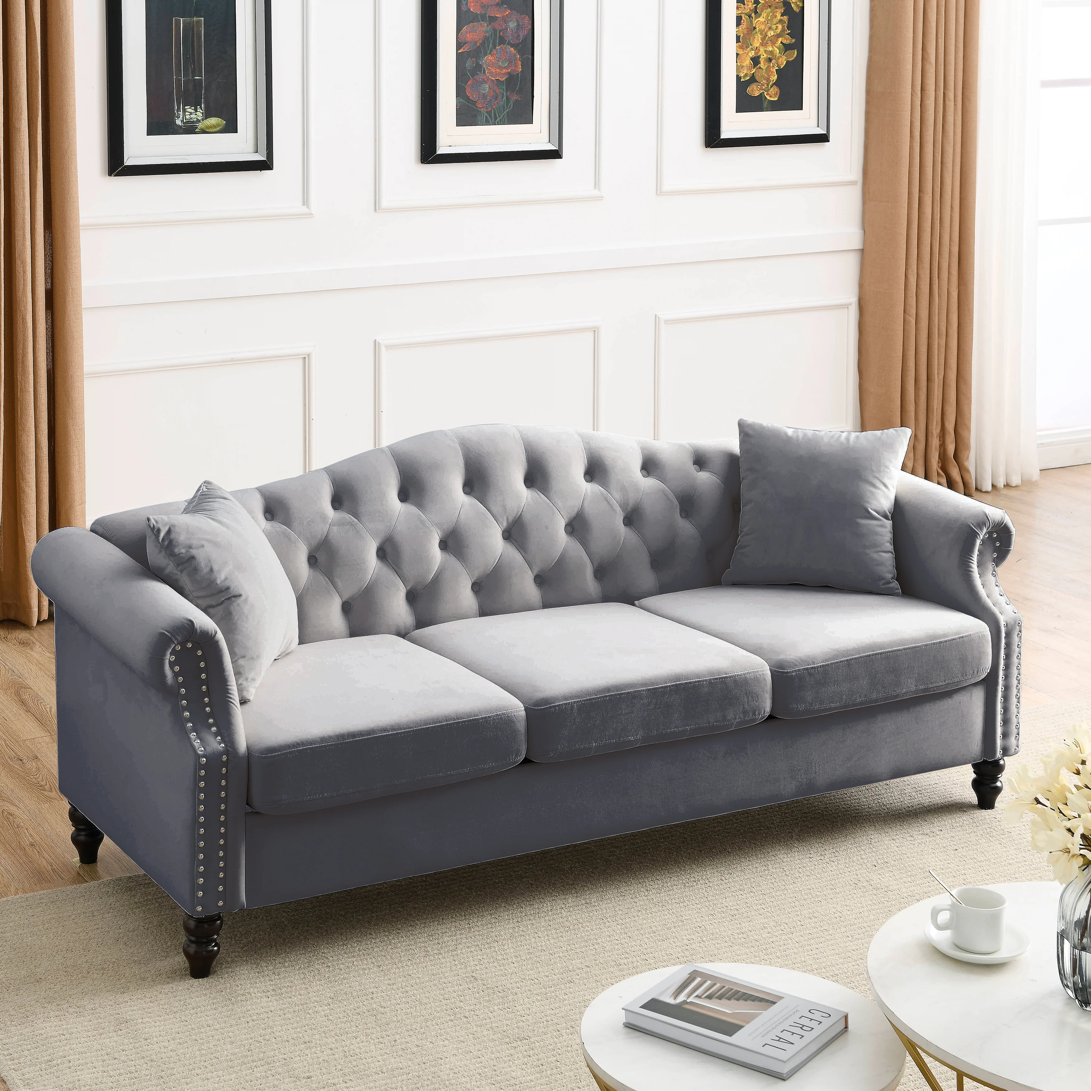 Nailhead Velvet Pitched Back Chesterfield 3-Seater Sofa - Image 54
