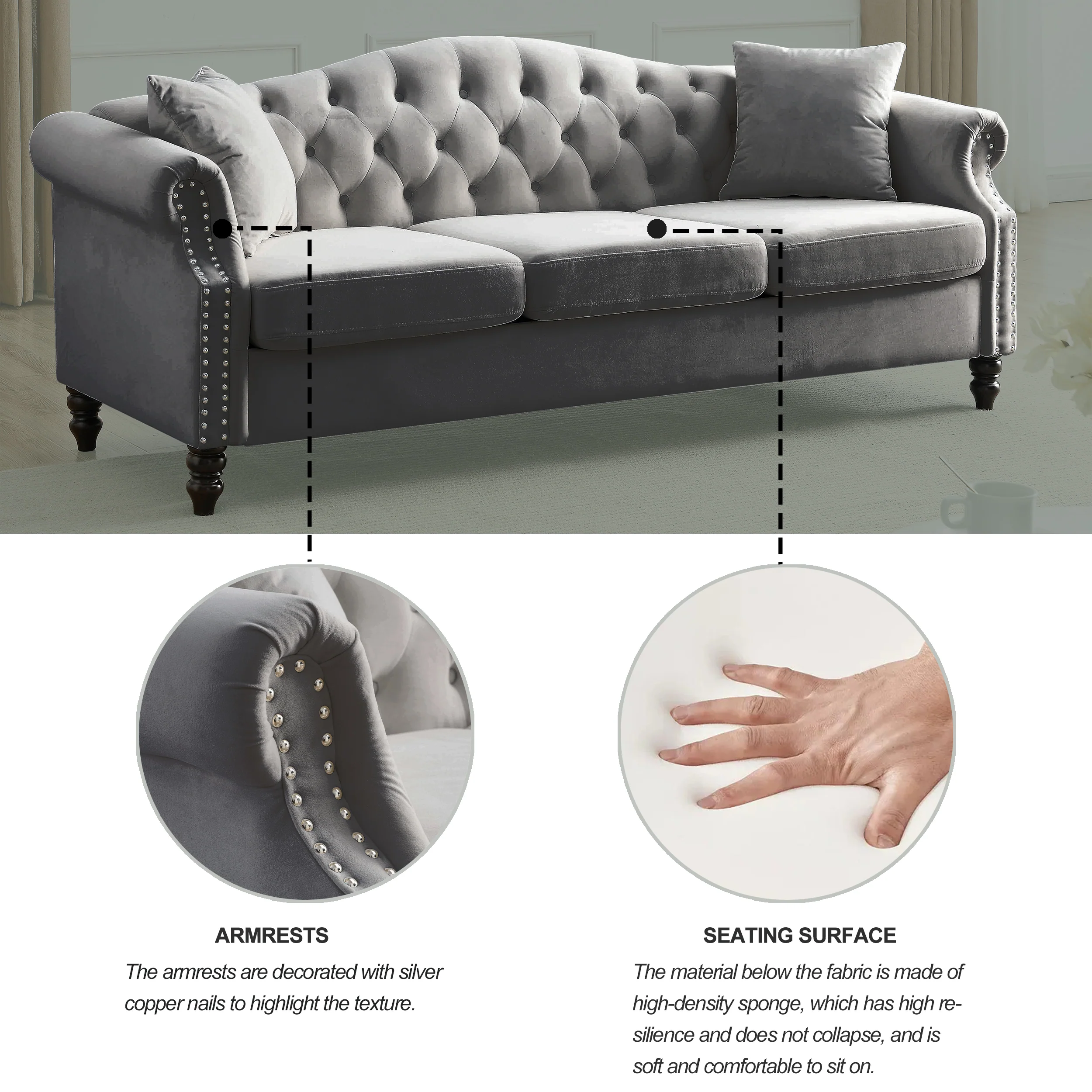 Nailhead Velvet Pitched Back Chesterfield 3-Seater Sofa - Image 59