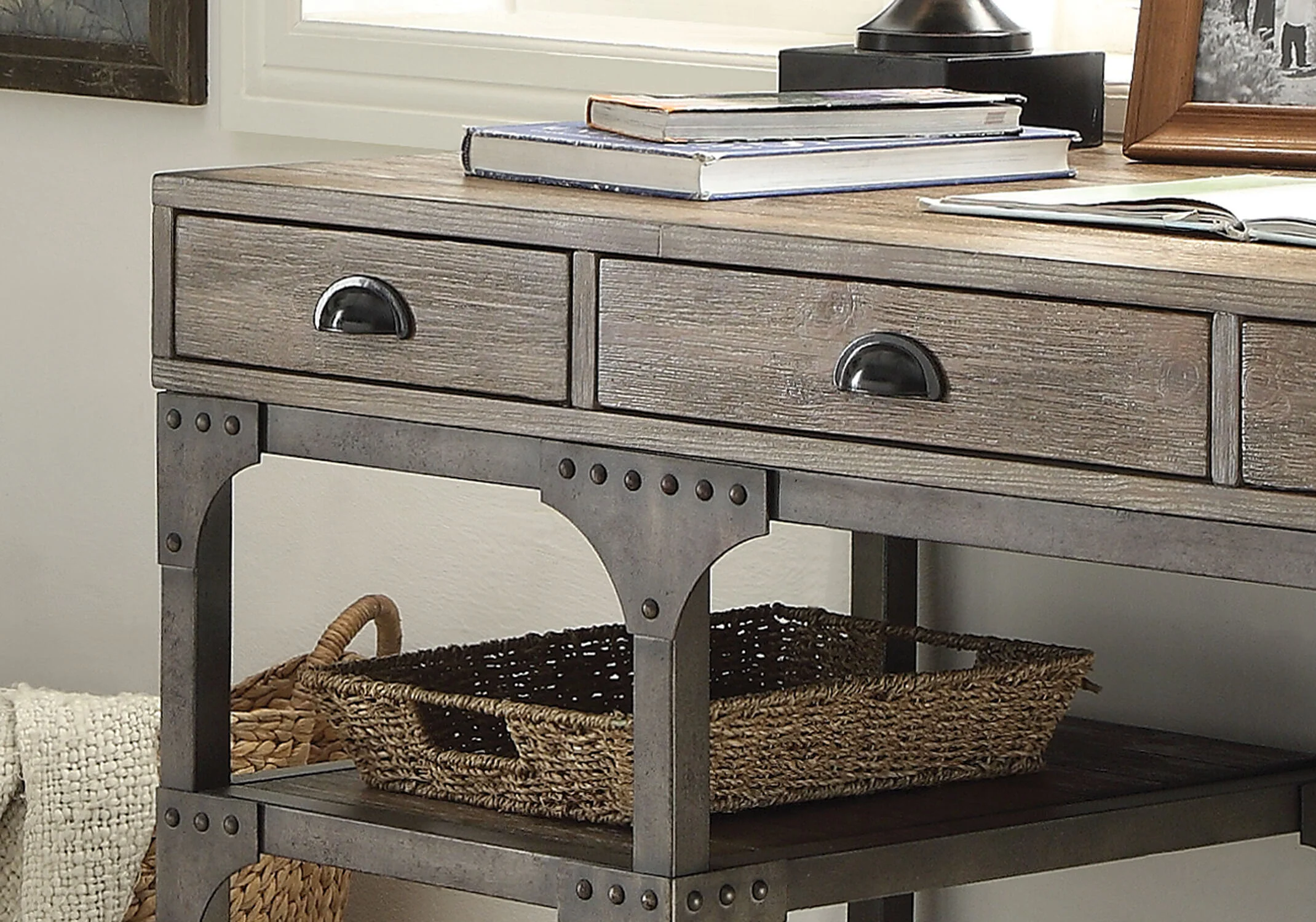 Weathered Oak and Antique Silver 3-Drawer Writing Desk - Image 5