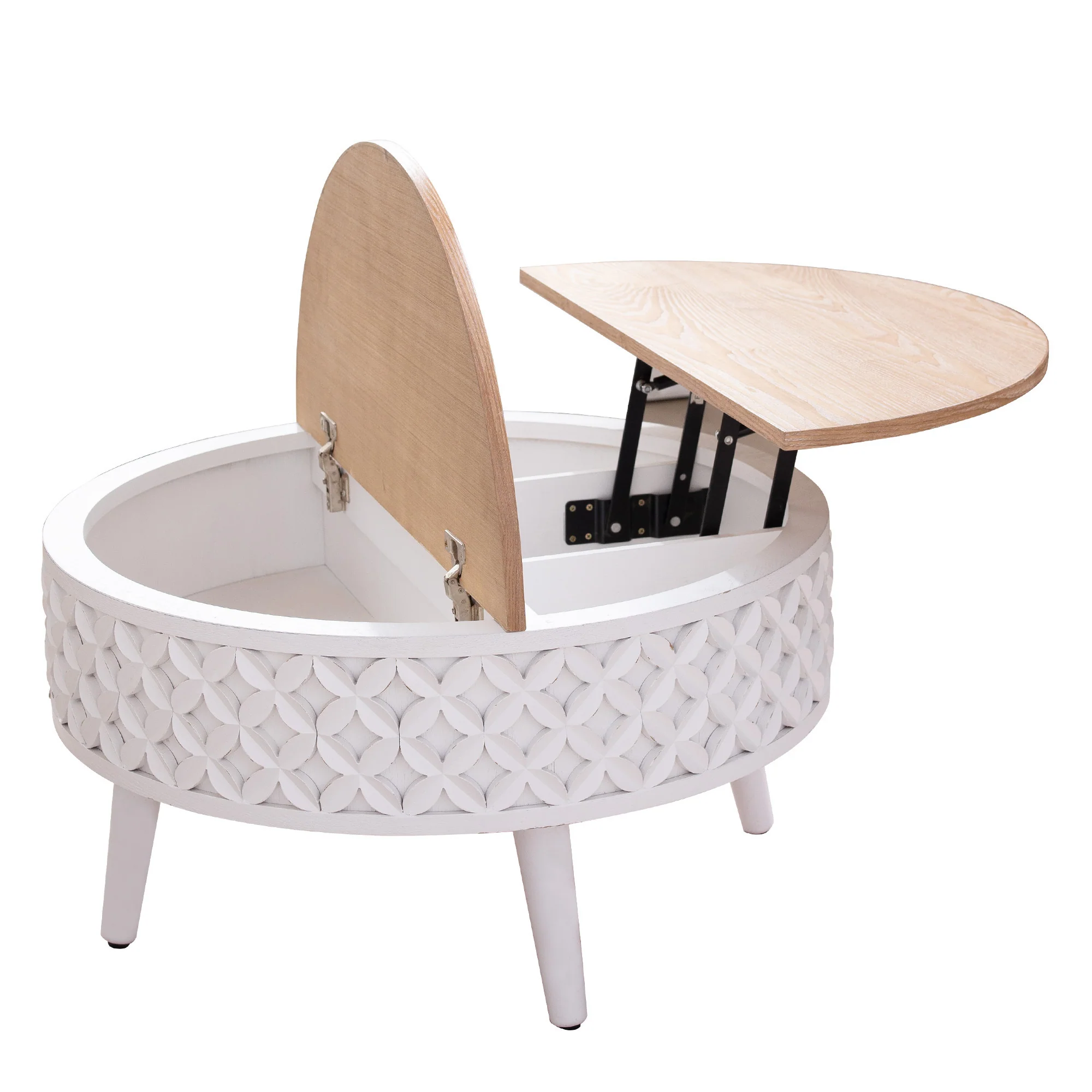 White Carved Base Coffee Table with Natural Wood Top - Image 11