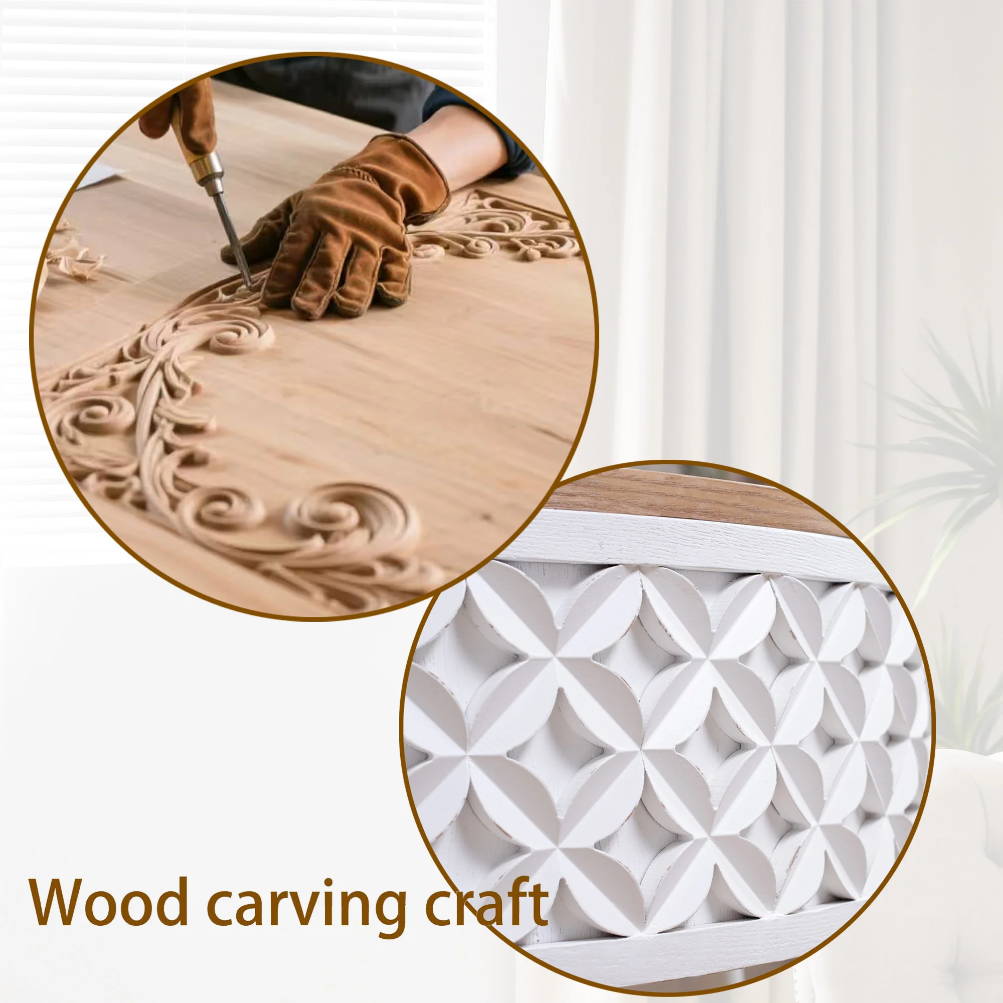 White Carved Base Coffee Table with Natural Wood Top - Image 15