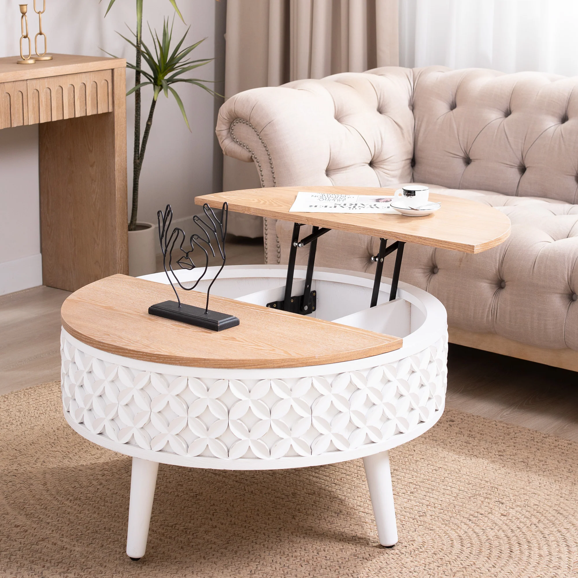 White Carved Base Coffee Table with Natural Wood Top - Image 2