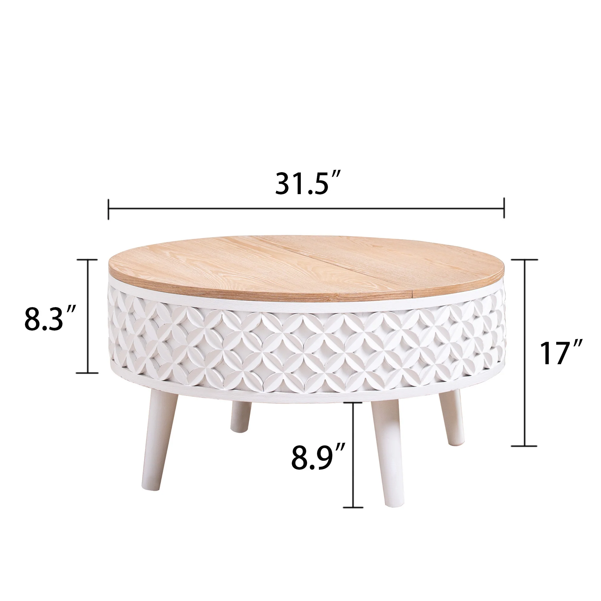 White Carved Base Coffee Table with Natural Wood Top - Image 4