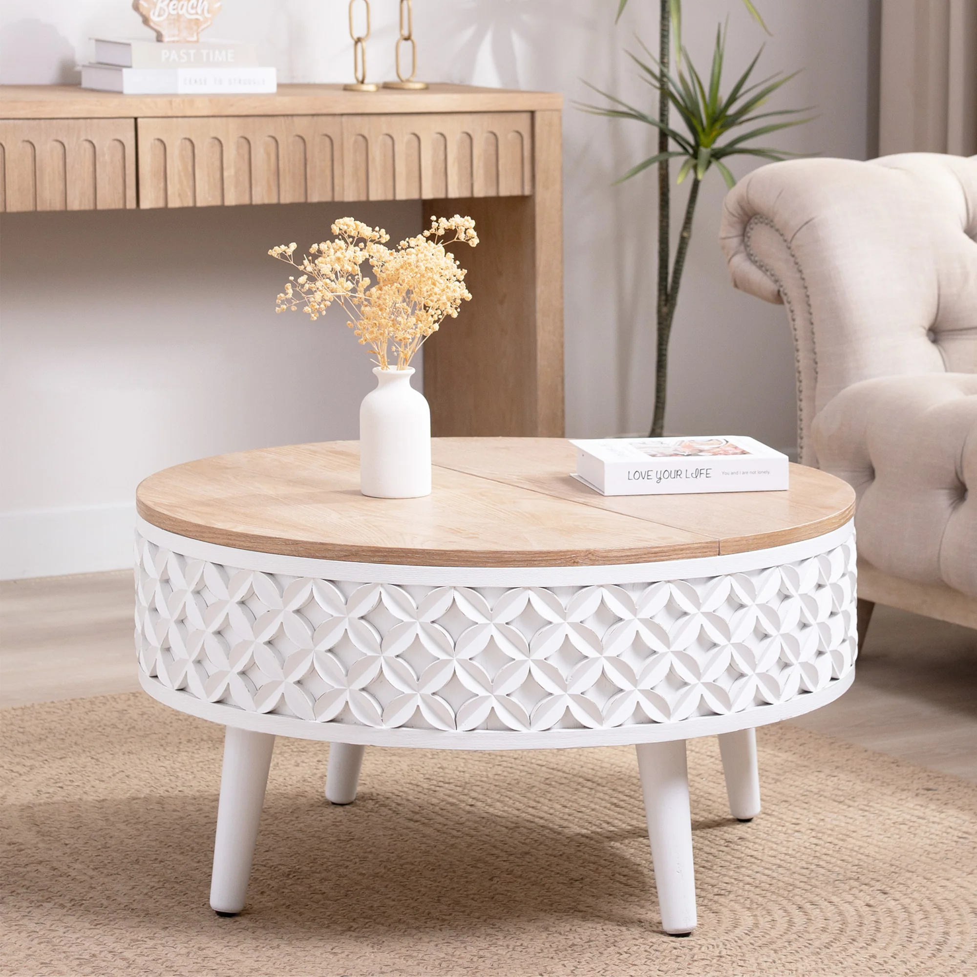 White Carved Base Coffee Table with Natural Wood Top - Image 5