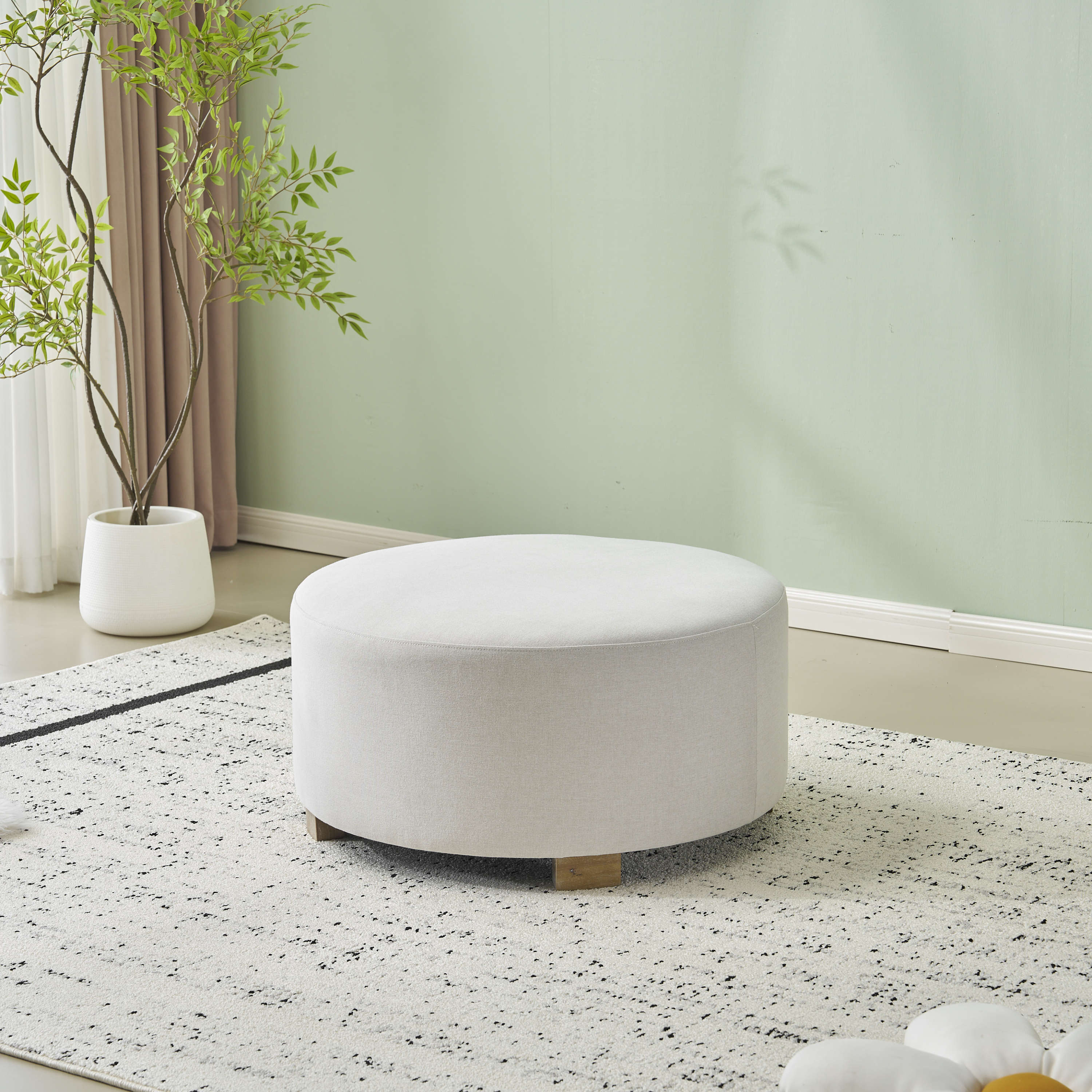 White Fabric Round Ottoman with Wooden Legs - Image 2