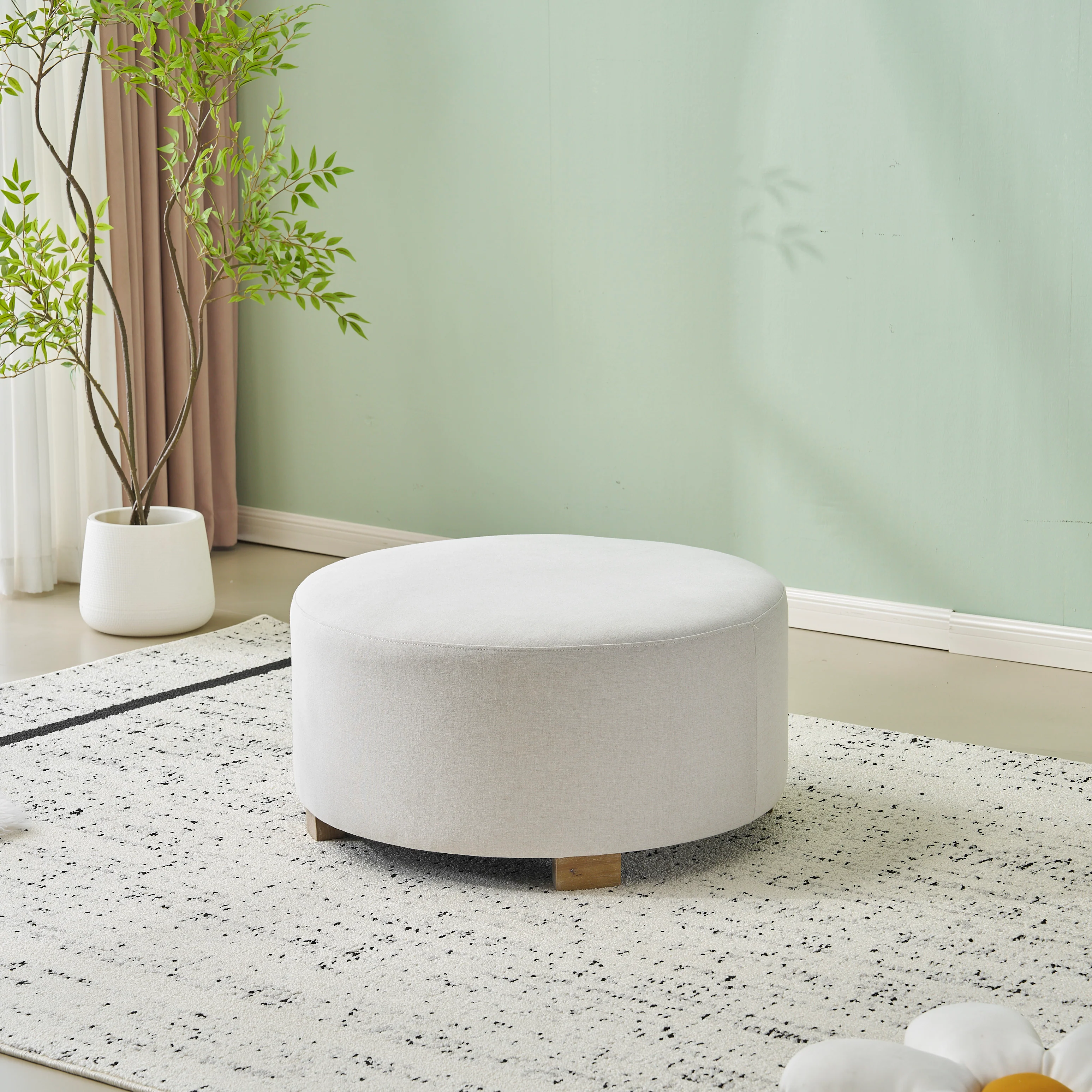 White Fabric Round Ottoman with Wooden Legs - Image 7