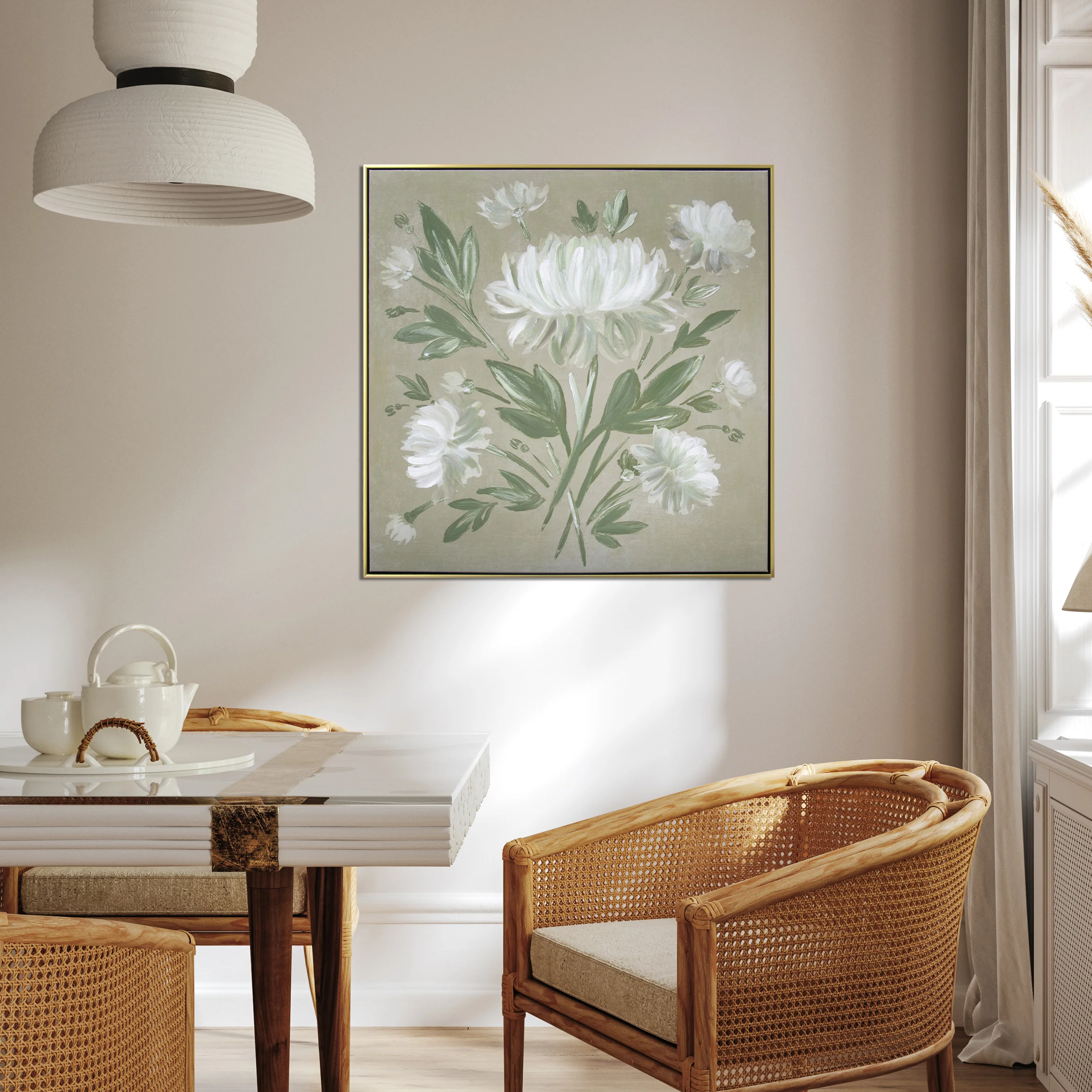 White Flower Bouquet Hand Painted Floating Framed Wall Art Print 30x30 Inches - Image 3