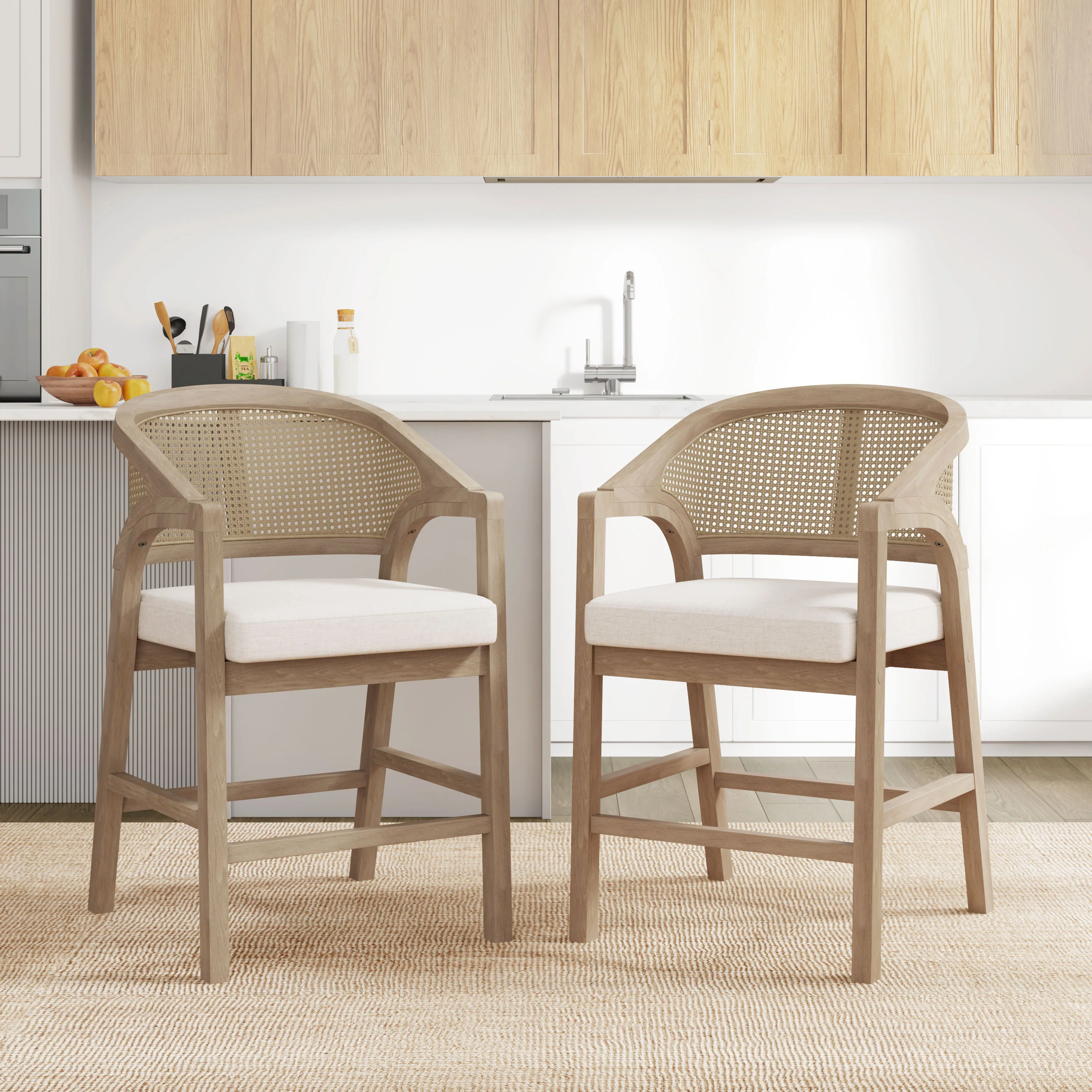 Wooden Frame Counter Stool with Rattan Back, Set of 2 - Image 2