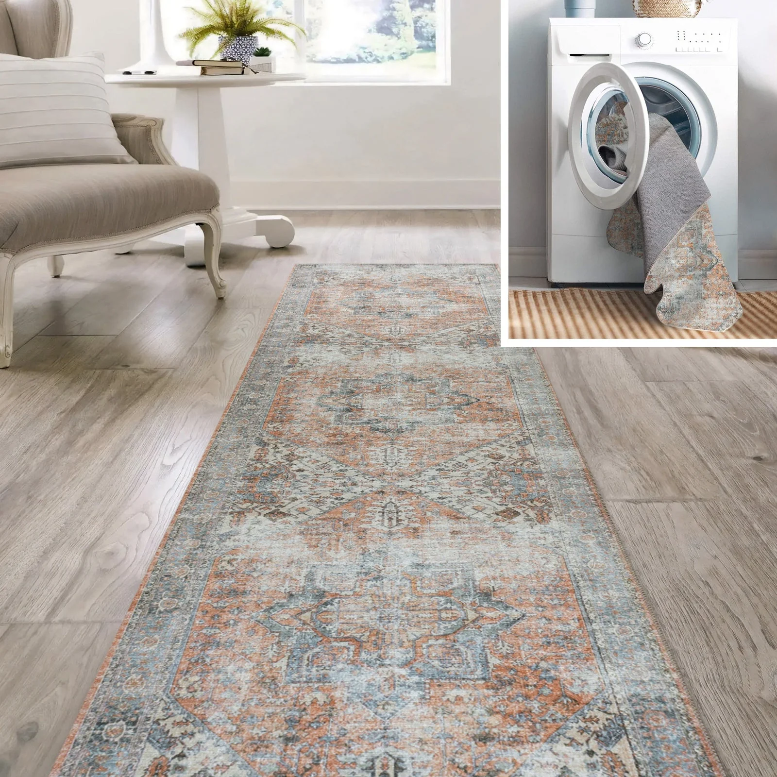 Armae Distressed Medallion Chenille Machine-Washable Area Rug - Image 9